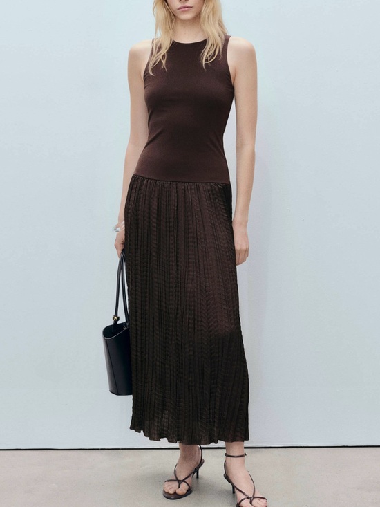 Mango Dresses & Skirts - Mango MNG - NWT Brown Sleeveless Midi Dress with Pleated crinkle satin Skirt